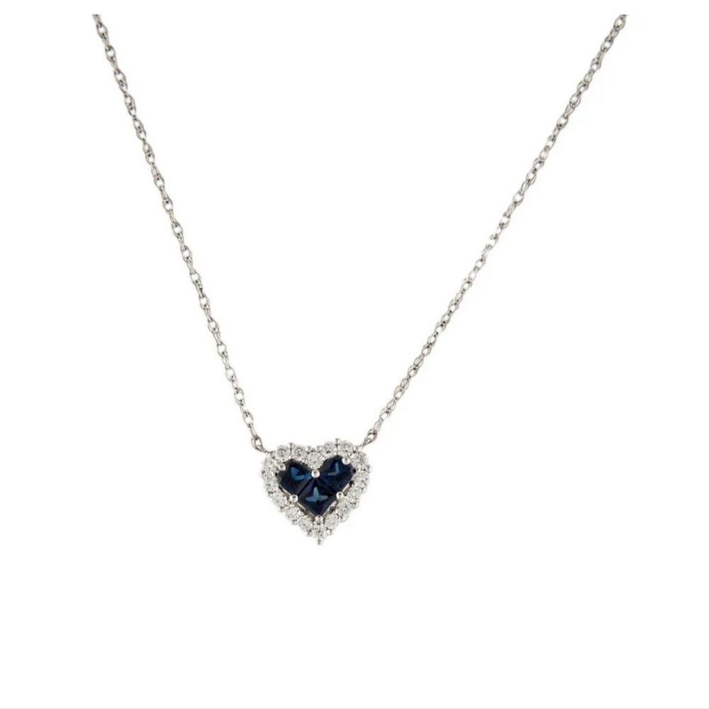 🎄🎁14K Diamond & Sapphire Heart Pendant Necklace White Gold Rhodium Plated - Picture 2 of 4